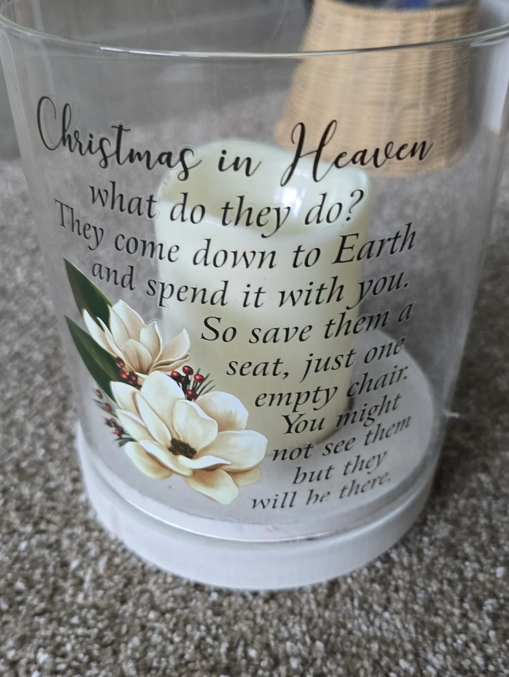 Glass Memorial Candle Holder with White Floral Design